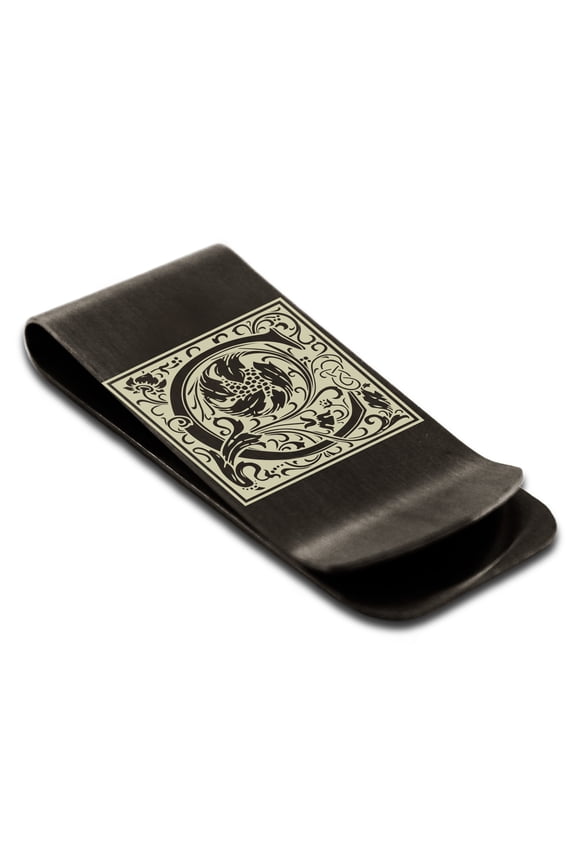 Stainless Steel Letter C Initial Floral Box Monogram Engraved Engraved Money Clip Credit Card Holder