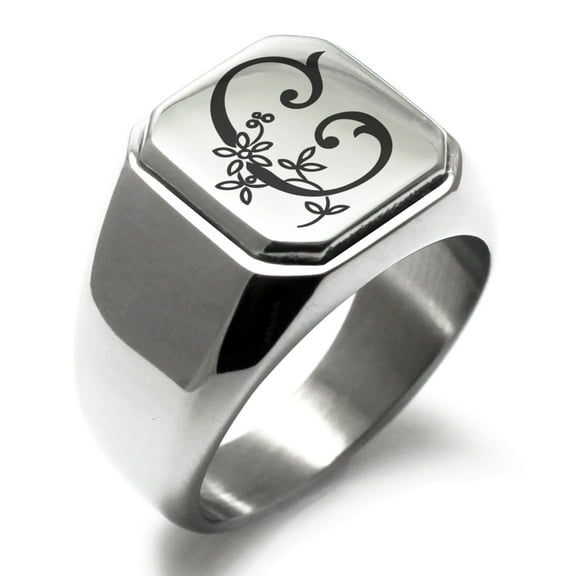 Stainless Steel Letter C Initial Floral Monogram Engraved Engraved Square Flat Top Biker Style Polished Signet Ring