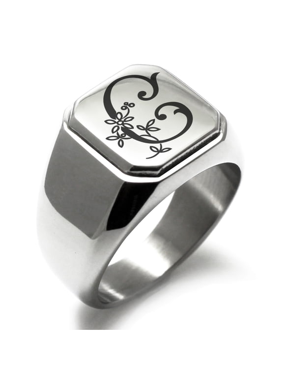 Stainless Steel Letter C Initial Floral Monogram Engraved Engraved Square Flat Top Biker Style Polished Signet Ring