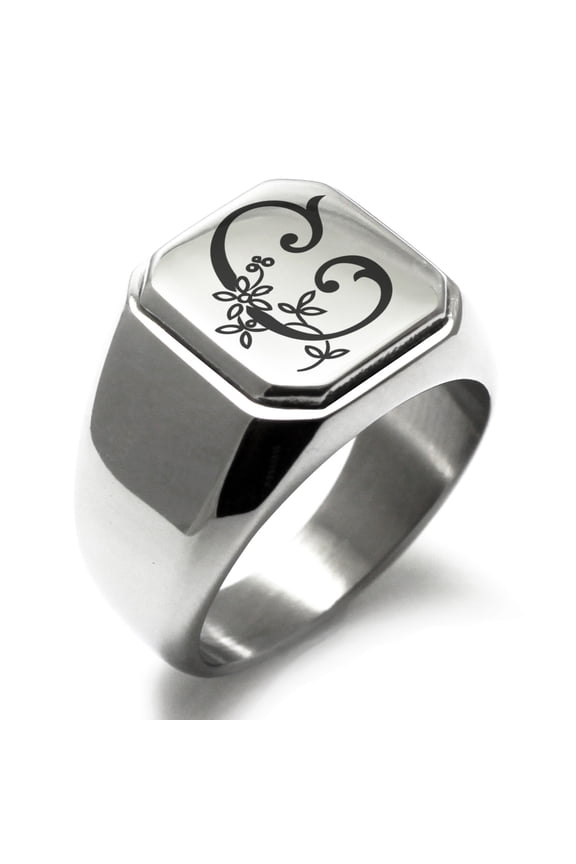 Stainless Steel Letter C Initial Floral Monogram Engraved Engraved Square Flat Top Biker Style Polished Signet Ring