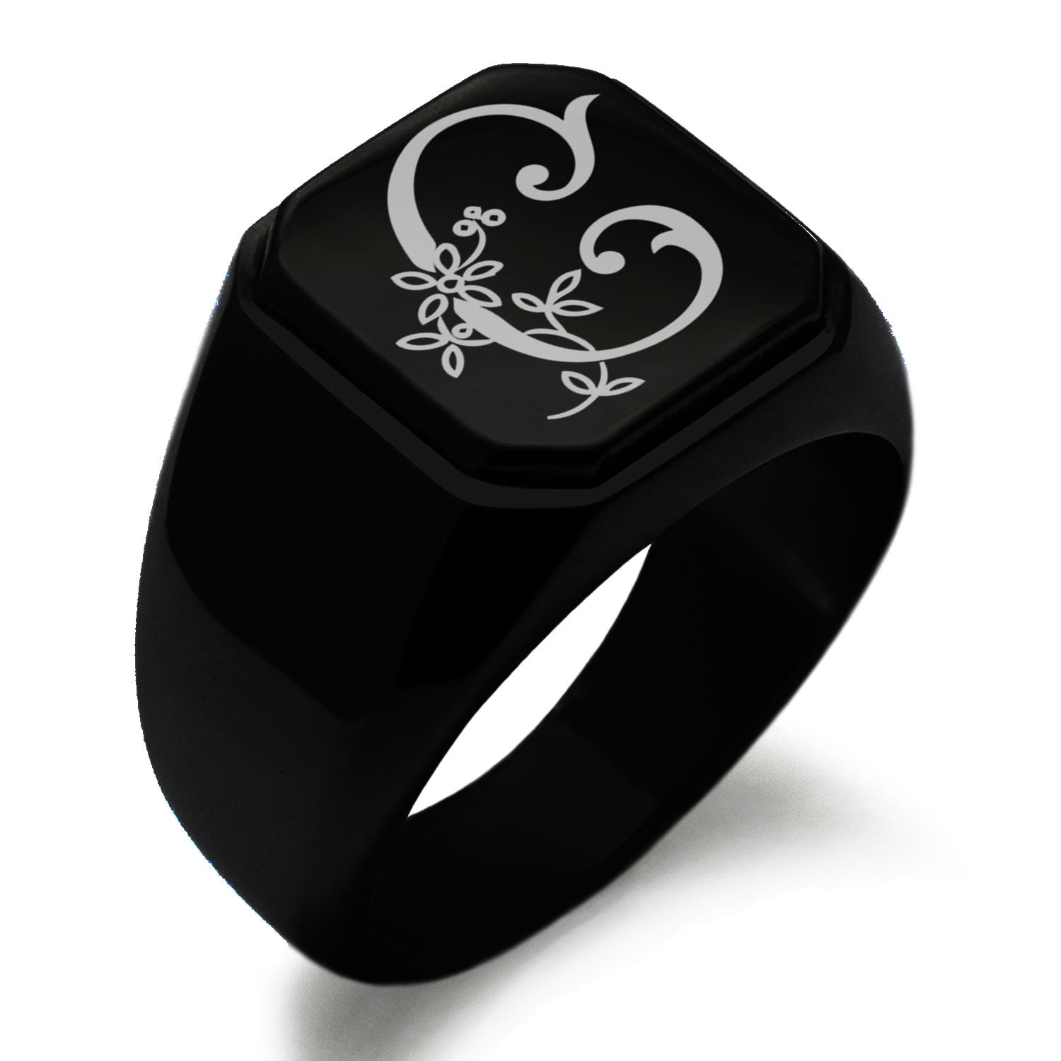 Stainless Steel Letter C Initial Floral Monogram Engraved Engraved ...