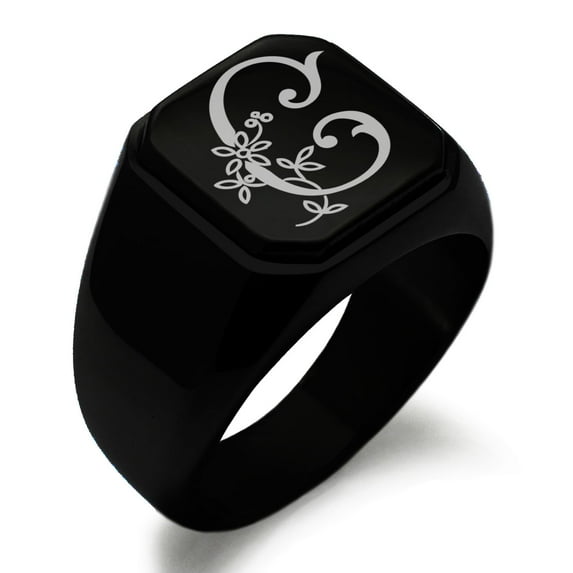 Stainless Steel Letter C Initial Floral Monogram Engraved Engraved Square Flat Top Biker Style Polished Signet Ring