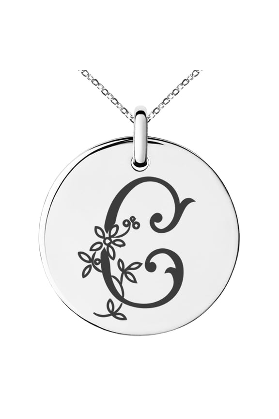 Stainless Steel Letter C Initial Floral Monogram Engraved Small Medallion Circle Charm Pendant Necklace