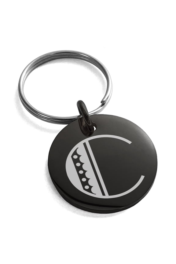 Stainless Steel Letter C Initial Metro Retro Monogram Engraved Small Medallion Circle Charm Keychain Keyring