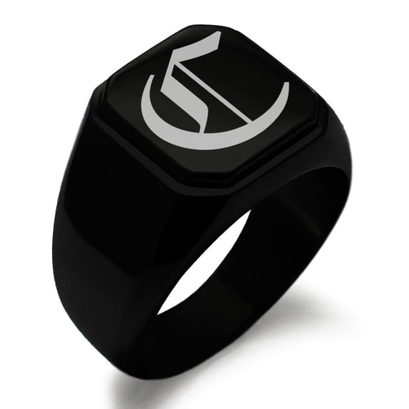 Stainless Steel Letter C Initial Old English Monogram Engraved Engraved Square Flat Top Biker Style Polished Signet Ring