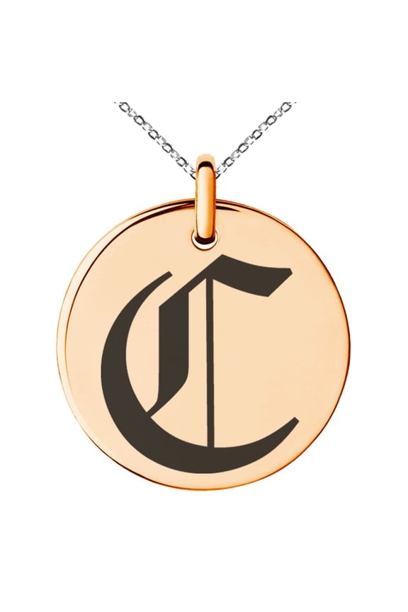 Stainless Steel Letter C Initial Old English Monogram Engraved Small Medallion Circle Charm Pendant Necklace