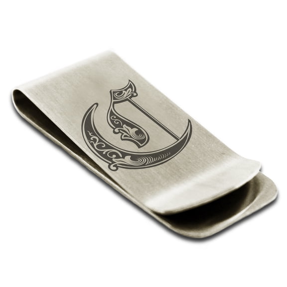 Stainless Steel Letter C Initial Royal Monogram Engraved Engraved Money Clip Credit Card Holder