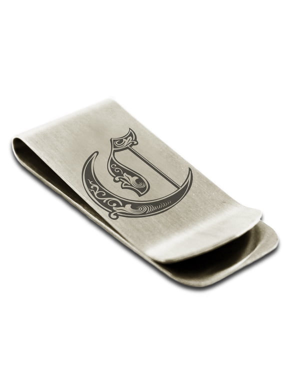 Stainless Steel Letter C Initial Royal Monogram Engraved Engraved Money Clip Credit Card Holder