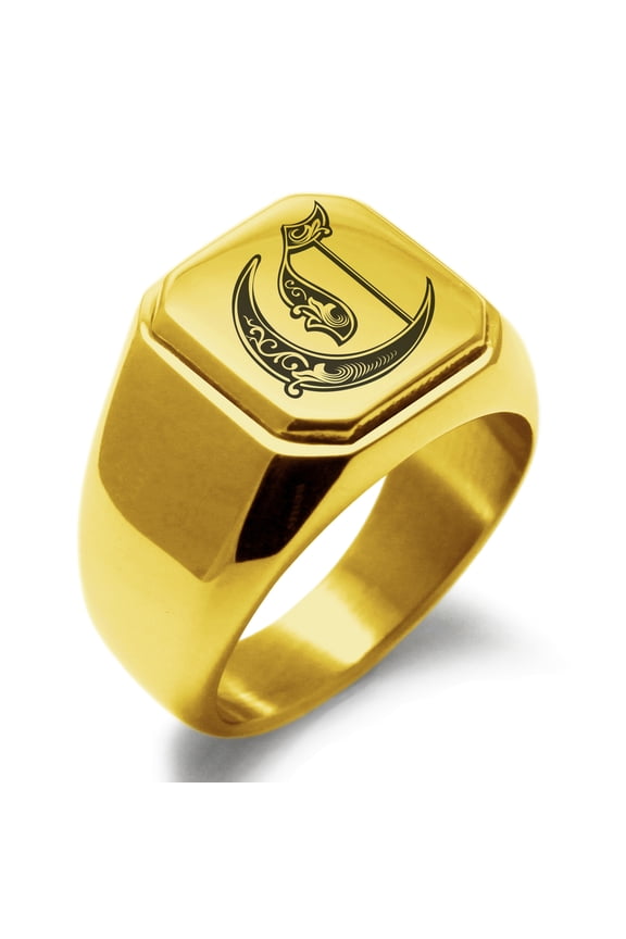 Stainless Steel Letter C Initial Royal Monogram Engraved Engraved Square Flat Top Biker Style Polished Signet Ring