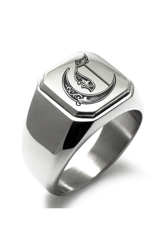 Stainless Steel Letter C Initial Royal Monogram Engraved Engraved Square Flat Top Biker Style Polished Signet Ring