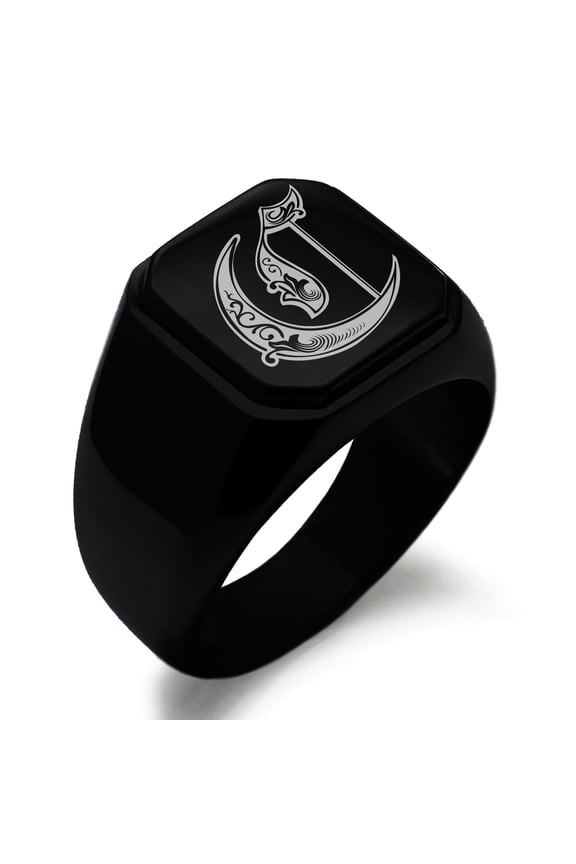 Stainless Steel Letter C Initial Royal Monogram Engraved Engraved Square Flat Top Biker Style Polished Signet Ring