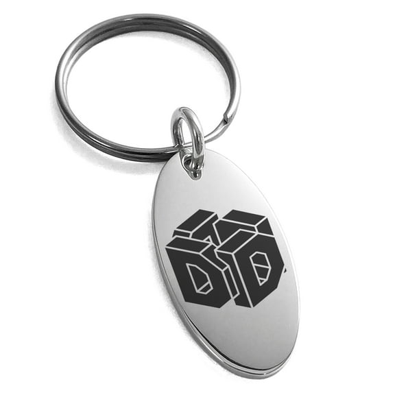 Stainless Steel Letter D Initial 3D Cube Box Monogram Engraved Small Oval Charm Keychain Keyring