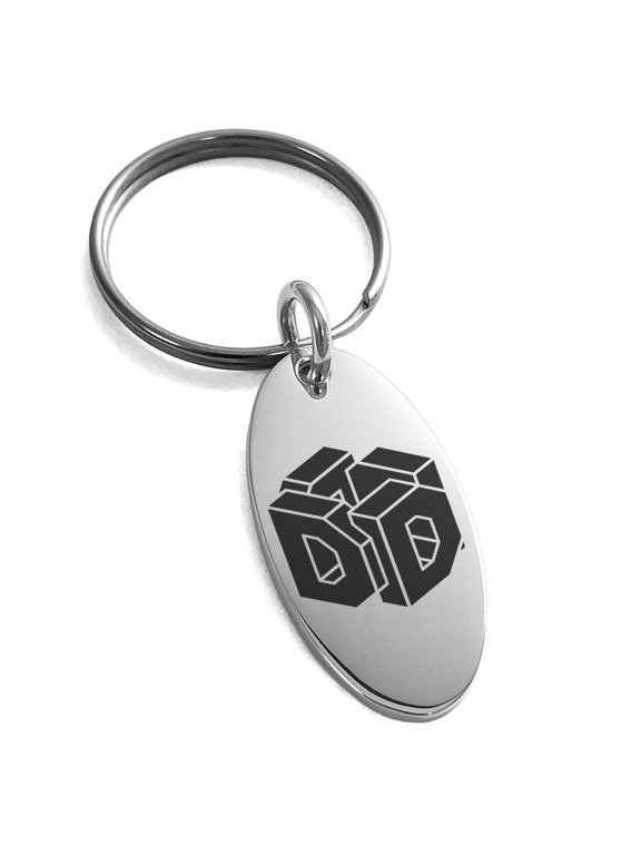 Stainless Steel Letter D Initial 3D Cube Box Monogram Engraved Small Oval Charm Keychain Keyring