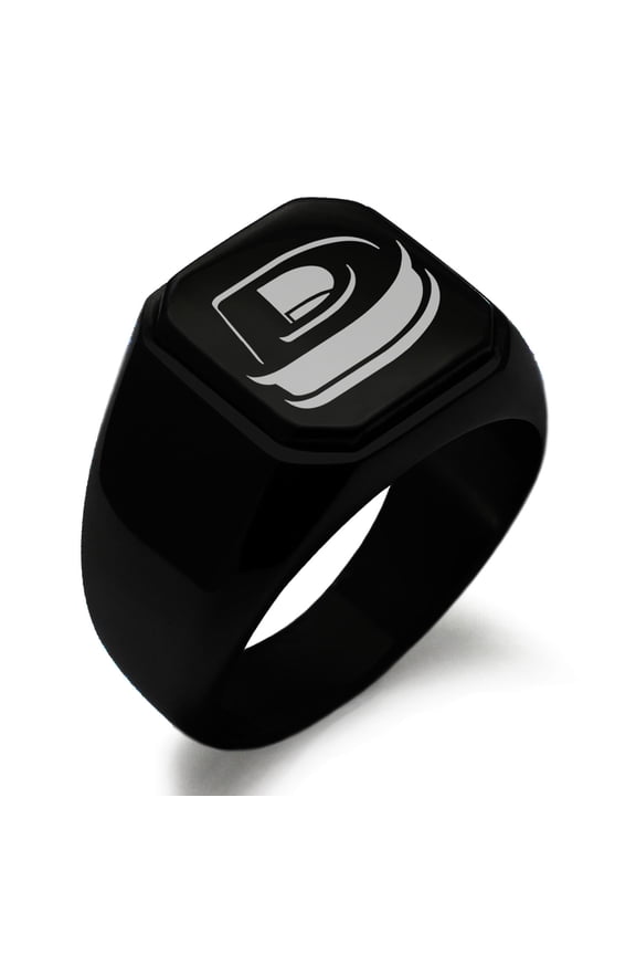 Stainless Steel Letter D Initial 3D Monogram Engraved Engraved Square Flat Top Biker Style Polished Signet Ring