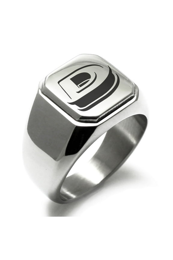 Stainless Steel Letter D Initial 3D Monogram Engraved Engraved Square Flat Top Biker Style Polished Signet Ring