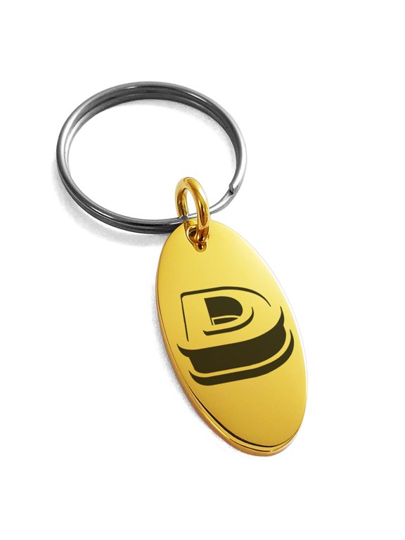 Stainless Steel Letter D Initial 3D Monogram Engraved Small Oval Charm Keychain Keyring