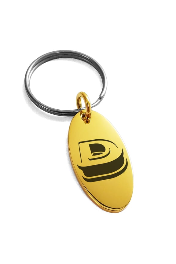 Stainless Steel Letter D Initial 3D Monogram Engraved Small Oval Charm Keychain Keyring