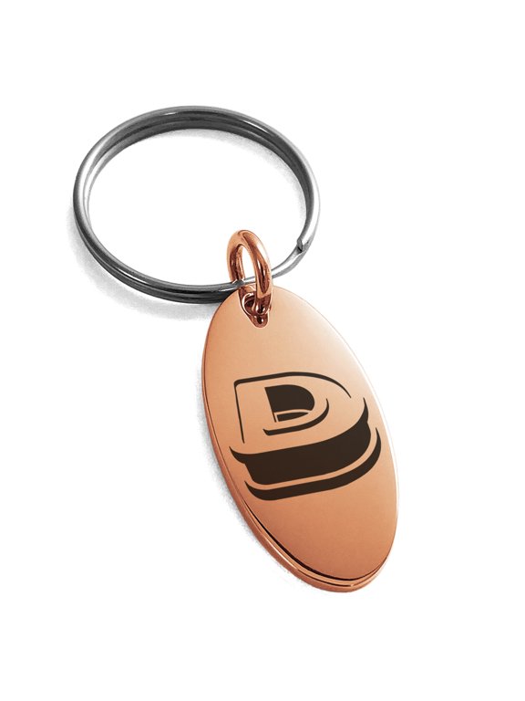 Stainless Steel Letter D Initial 3D Monogram Engraved Small Oval Charm Keychain Keyring