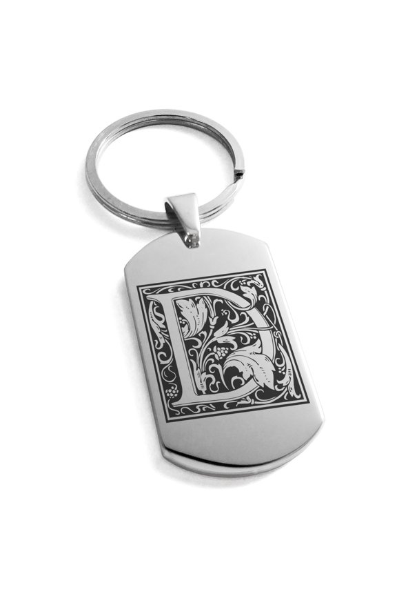 Stainless Steel Letter D Initial Floral Box Monogram Engraved Engraved Dog Tag Keychain Keyring