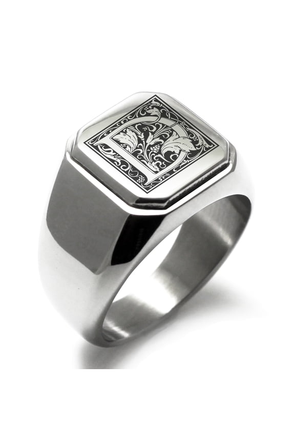 Stainless Steel Letter D Initial Floral Box Monogram Engraved Engraved Square Flat Top Biker Style Polished Signet Ring