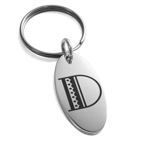 Tioneer Stainless Steel Letter D Initial Metro Retro Monogram Engraved Small Oval Charm Adult Keychain Keyring