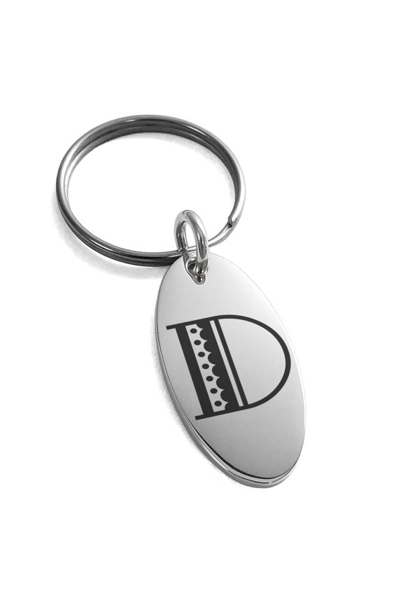 Stainless Steel Letter D Initial Metro Retro Monogram Engraved Small Oval Charm Adult Keychain Keyring