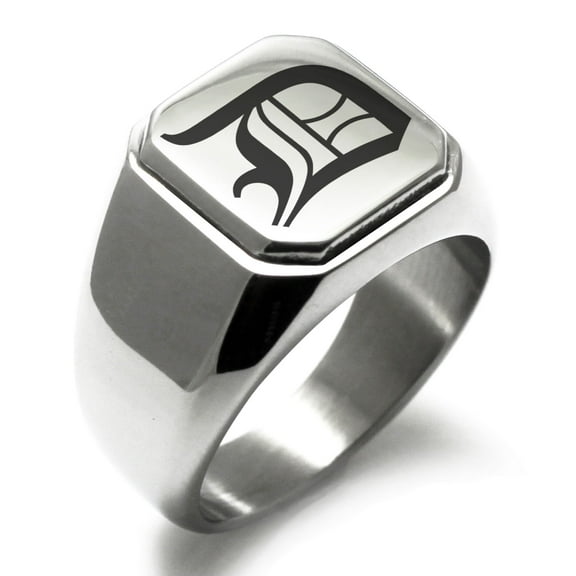 Stainless Steel Letter D Initial Old English Monogram Engraved Engraved Square Flat Top Biker Style Polished Signet Ring