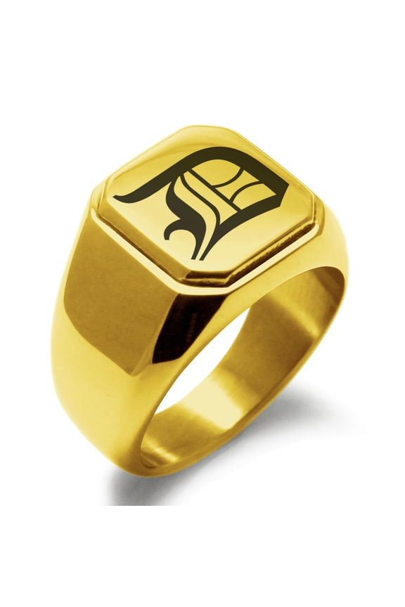 Stainless Steel Letter D Initial Old English Monogram Engraved Engraved Square Flat Top Biker Style Polished Signet Ring