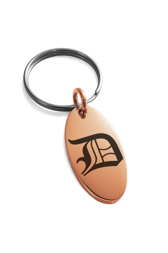 Stainless Steel Letter D Initial Old English Monogram Engraved Small Oval Charm Keychain Keyring
