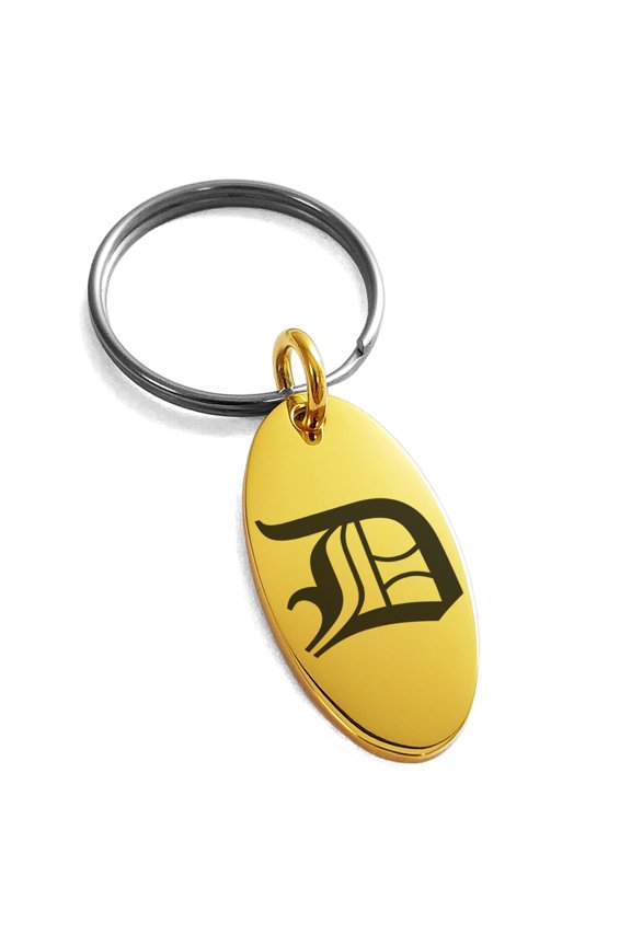 Stainless Steel Letter D Initial Old English Monogram Engraved Small Oval Charm Keychain Keyring