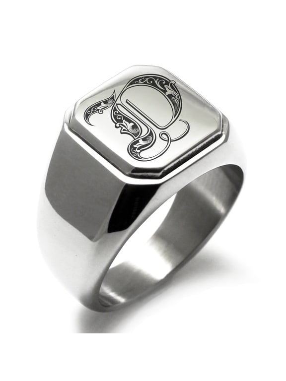Stainless Steel Letter D Initial Royal Monogram Engraved Engraved Square Flat Top Biker Style Polished Signet Ring