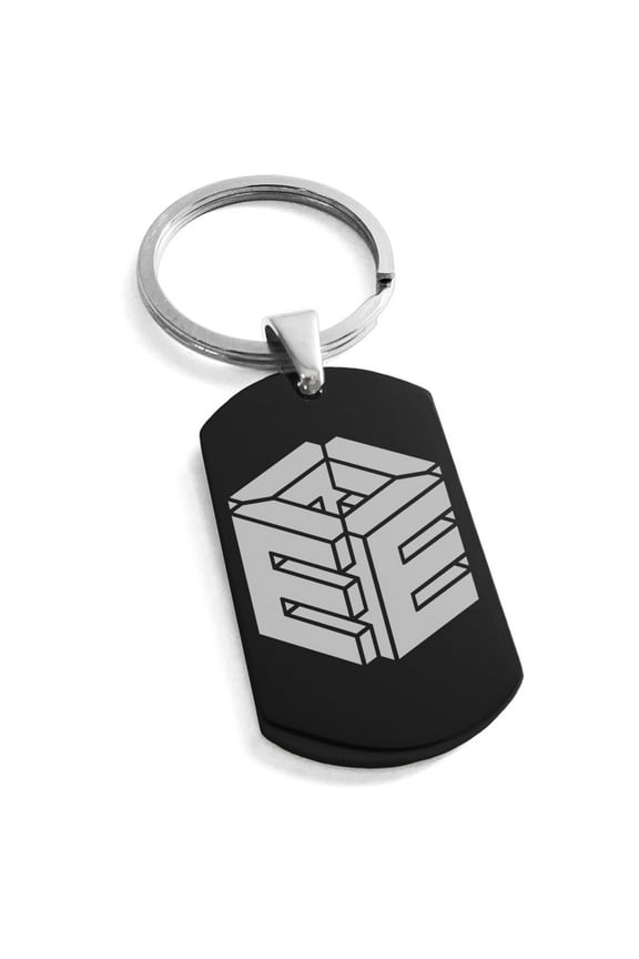 Stainless Steel Letter E Initial 3D Cube Box Monogram Engraved Dog Tag Keychain Keyring