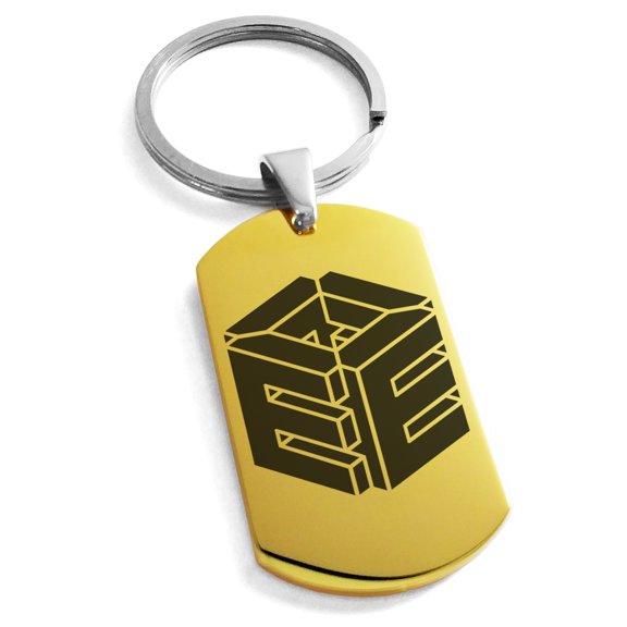 Stainless Steel Letter E Initial 3D Cube Box Monogram Engraved Engraved Dog Tag Keychain Keyring