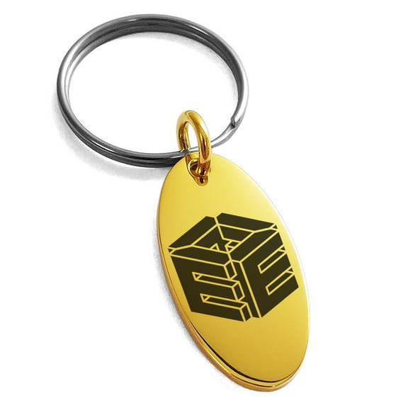 Stainless Steel Letter E Initial 3D Cube Box Monogram Engraved Small Oval Charm Keychain Keyring