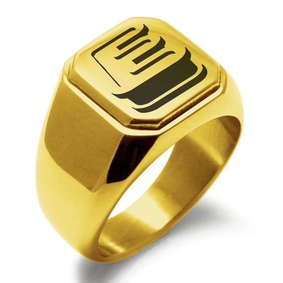 Tioneer Stainless Steel Letter E Initial 3D Monogram Engraved Square Flat Top Biker Style Polished Signet Ring