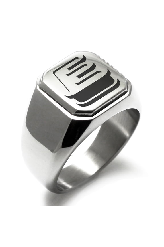 Stainless Steel Letter E Initial 3D Monogram Engraved Engraved Square Flat Top Biker Style Polished Signet Ring