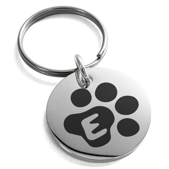 Stainless Steel Letter E Initial Cat Dog Paws Monogram Engraved Small Medallion Circle Charm Keychain Keyring