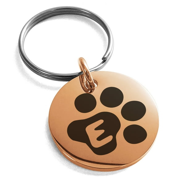 Stainless Steel Letter E Initial Cat Dog Paws Monogram Engraved Small Medallion Circle Charm Keychain Keyring