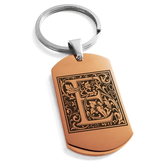 Stainless Steel Letter E Initial Floral Box Monogram Engraved Engraved Dog Tag Keychain Keyring