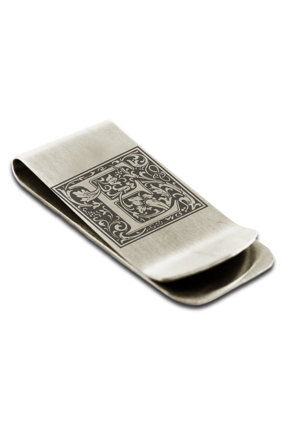 Stainless Steel Letter E Initial Floral Box Monogram Engraved Engraved Money Clip Credit Card Holder