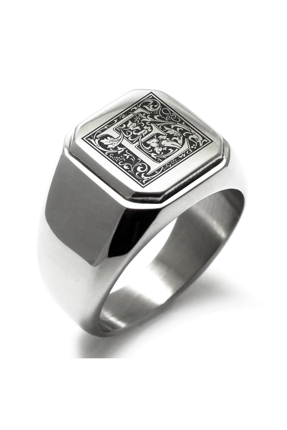 Stainless Steel Letter E Initial Floral Box Monogram Engraved Engraved Square Flat Top Biker Style Polished Signet Ring