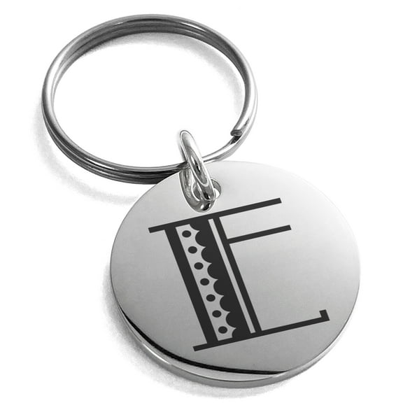 Stainless Steel Letter E Initial Metro Retro Monogram Engraved Small Medallion Circle Charm Keychain Keyring