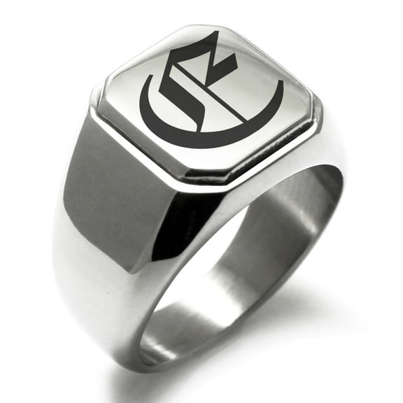 Stainless Steel Letter E Initial Old English Monogram Engraved Engraved Square Flat Top Biker Style Polished Signet Ring