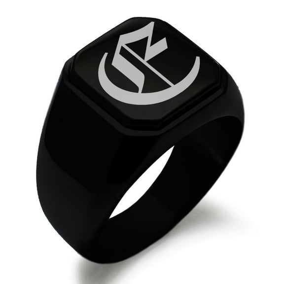Stainless Steel Letter E Initial Old English Monogram Engraved Engraved Square Flat Top Biker Style Polished Signet Ring