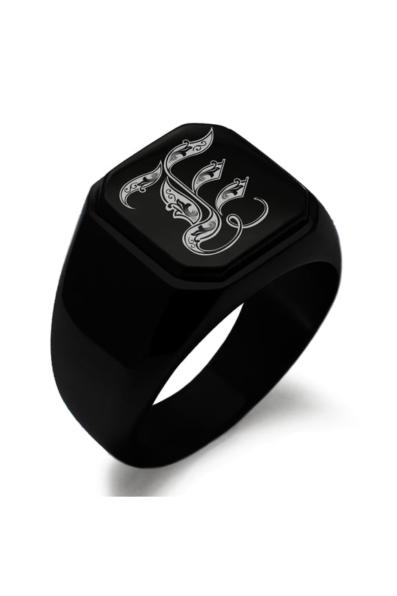 Stainless Steel Letter E Initial Royal Monogram Engraved Engraved Square Flat Top Biker Style Polished Signet Ring