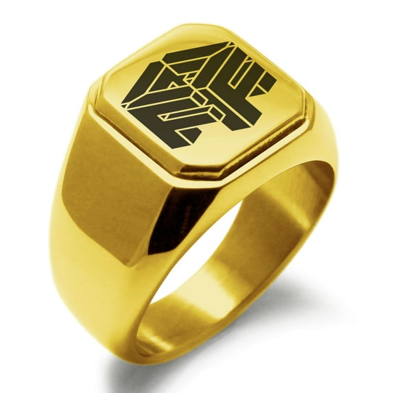 Stainless Steel Letter F Initial 3D Cube Box Monogram Engraved Engraved Square Flat Top Biker Style Polished Signet Ring