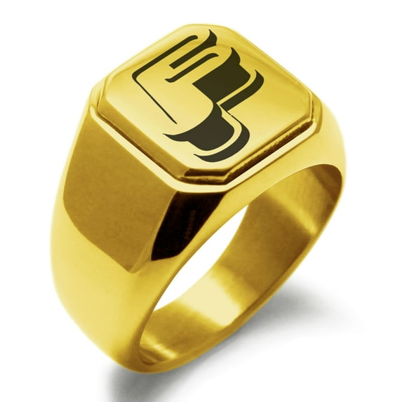 Stainless Steel Letter F Initial 3D Monogram Engraved Engraved Square Flat Top Biker Style Polished Signet Ring
