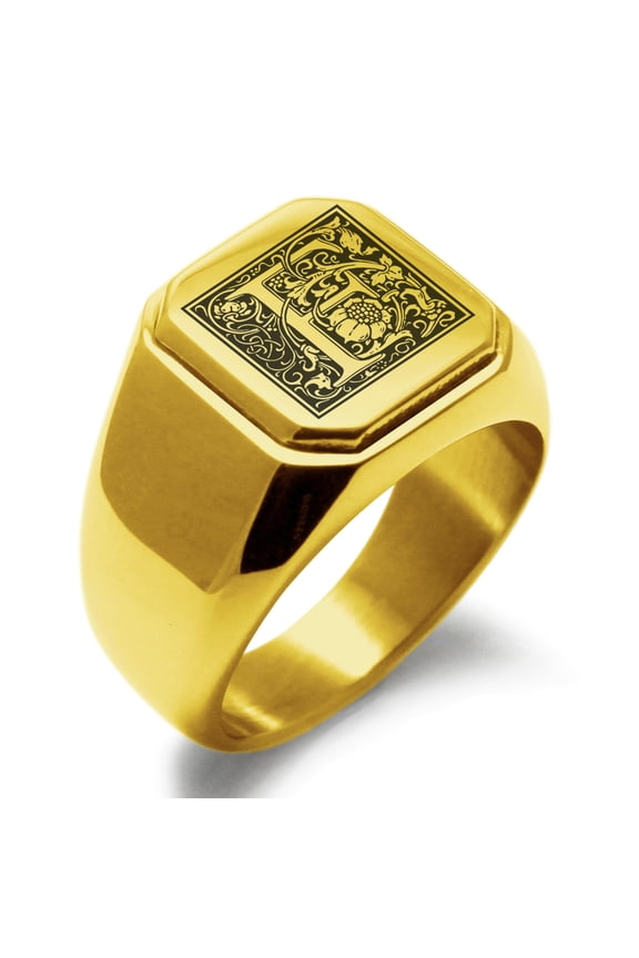 Stainless Steel Letter F Initial Floral Box Monogram Engraved Engraved Square Flat Top Biker Style Polished Signet Ring