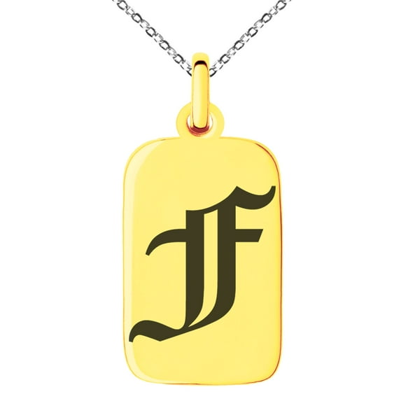 Tioneer Stainless Steel Letter F Initial Old English Monogram Engraved Small Rectangle Dog Tag Charm Pendant Necklace