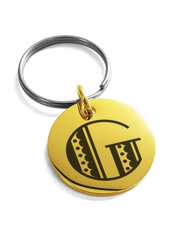 Stainless Steel Letter G Initial Metro Retro Monogram Engraved Small Medallion Circle Charm Keychain Keyring